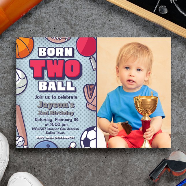 Geborene Einladung mit Foto (Born Two Ball Boy 2nd Birthday Landscape Invitation with Photo Picture)
