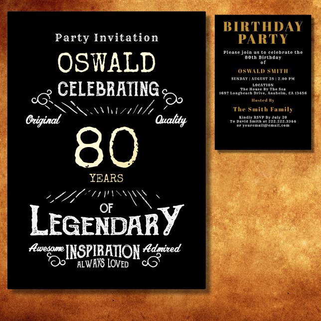 geborener legendärer Black Gold Retro zum 80. Gebu Folieneinladung (For those celebrating their 80th birthday we have the ideal gold foil birthday party invitation.)