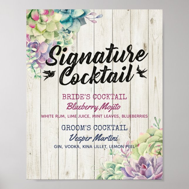 Gebotsunterschrift Drink Menu Sukkulent rustikales Poster (Vorne)