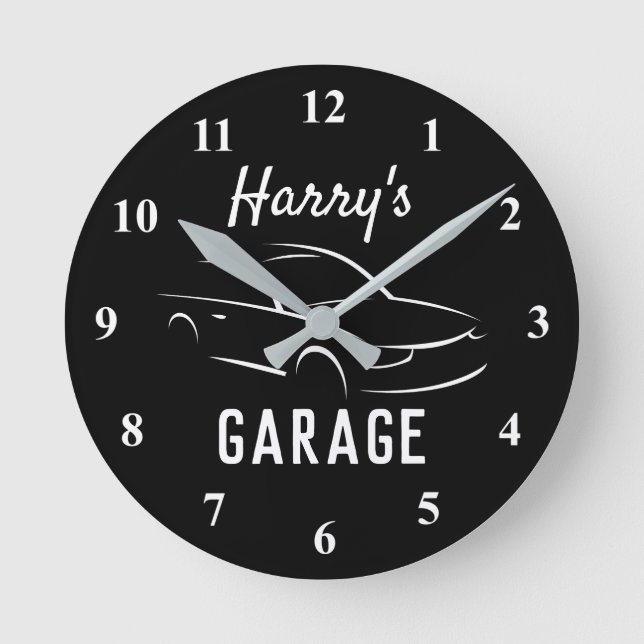 Gebrauchtes Geschenk für eine schwarz-weiße Garage Runde Wanduhr (Vorderseite)