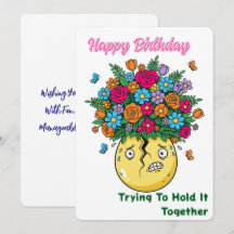 Gebrochene Vase mit Blumen Lustiges Happy Birthday