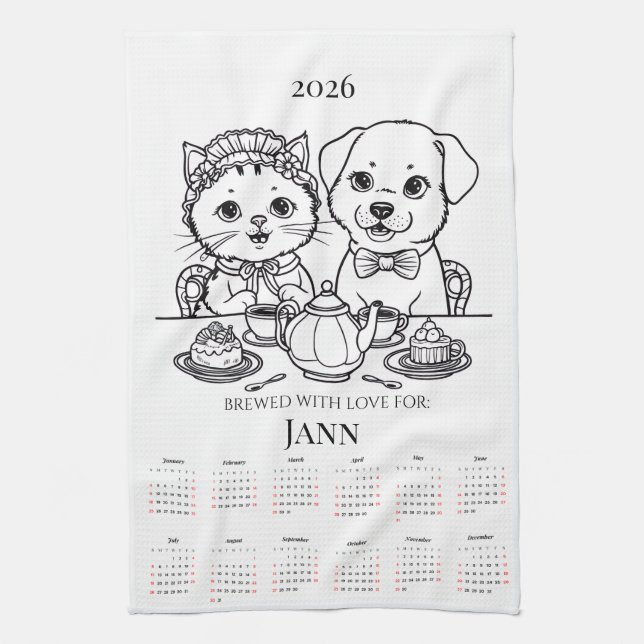 Gebrüht mit Liebe Katze & Dog Handtuchkalender Geschirrtuch (Vertikal)