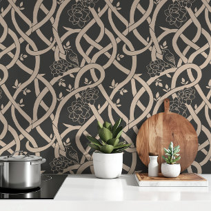 Gebundene Eleganz: Schwarzer und Beige Blütenvogel Tapete