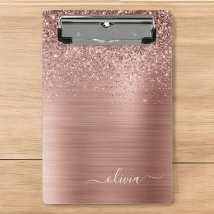 Gebürstete Metall-Roségold-Rosa-Glitter-Monogramm Mini Klemmbrett