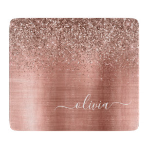 Gebürstetes Metall Roségold Rosa Glitter Monogramm Schneidebrett