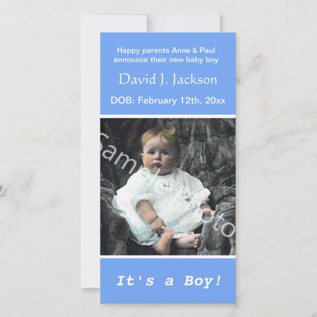 Geburt blauer Ankündigung. Fügen Sie Ihrem Foto hi Ankündigung (Vorderseite)