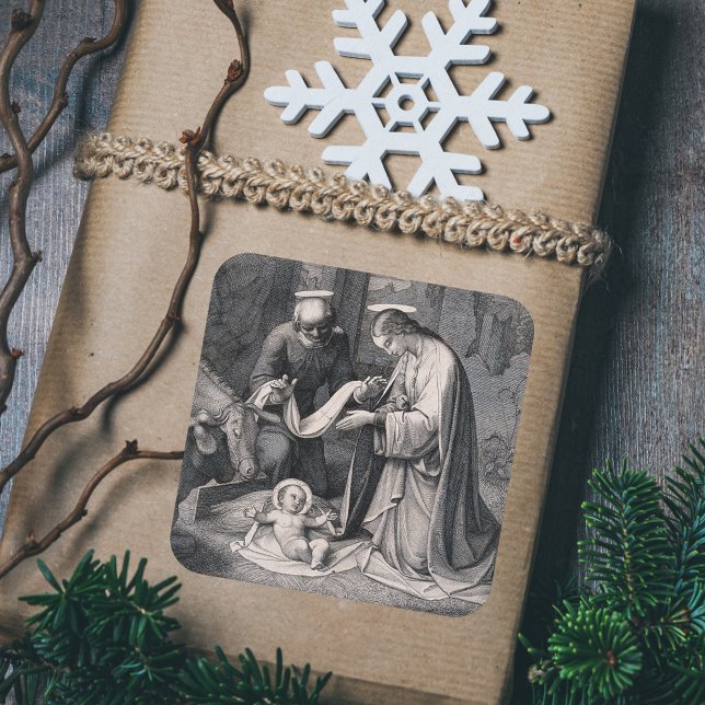 Geburt Christi Christliche Weihnachtskrippe Szene Quadratischer Aufkleber (Birth of Christ - Vintage Religious Christian Catholic  Christmas Nativity Scene Gift Sticker)