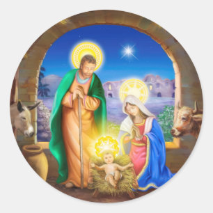 Geburt Christi von Jesus mit Josef und Mary, Kühe Runder Aufkleber