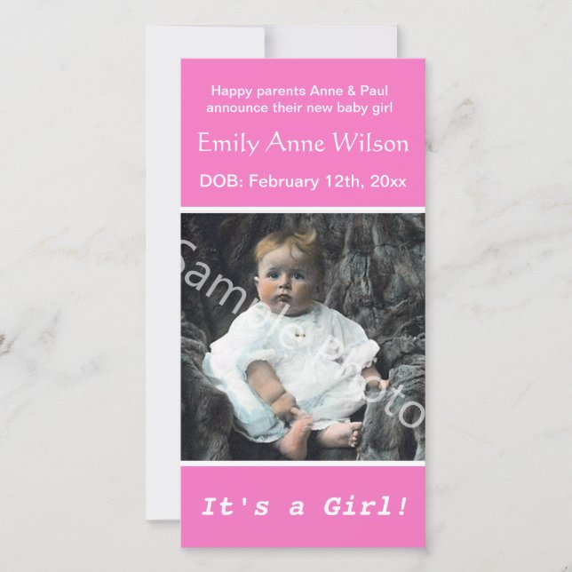 Geburt des Kindes, fügen Sie Ihr Foto rosa Ankündigung (Vorderseite)
