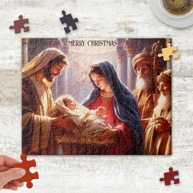 Geburt Jesu Christi Weihnachtsrätsel Puzzle (Christmas puzzle featuring a painting of baby Jesus Christ with his parents and wise men.)