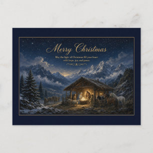 Geburt Jesu in den Bergen unter dem nächtlichen Hi Postkarte