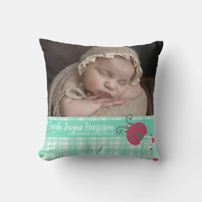 Geburt neugeborene Geschenk ladybug aqua grünes Ki Kissen (Vorderseite)