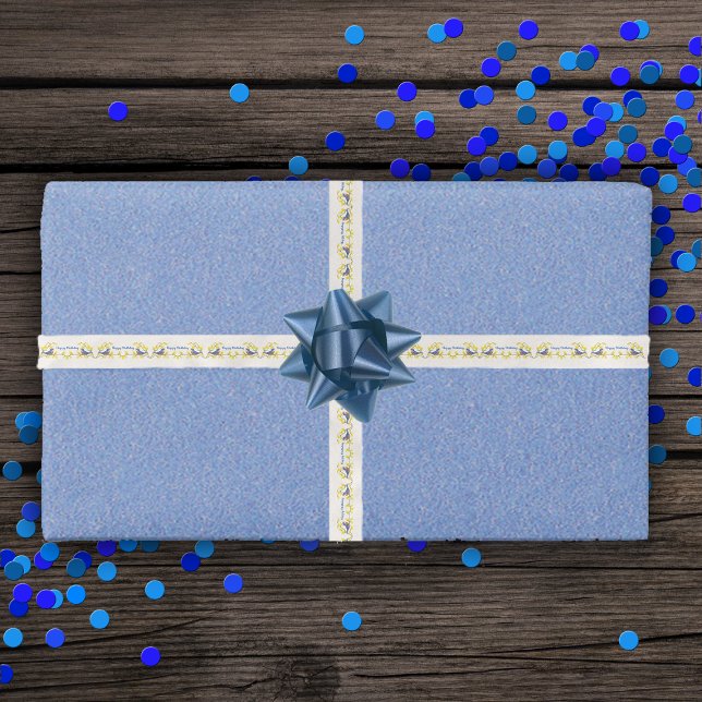 Geburt Niedliche Blaue Vögel Zweig Gelbe Blüten Satinband (Little red and blue birds pretty yellow flowers on white Happy Birthday gift wrap ribbon.)