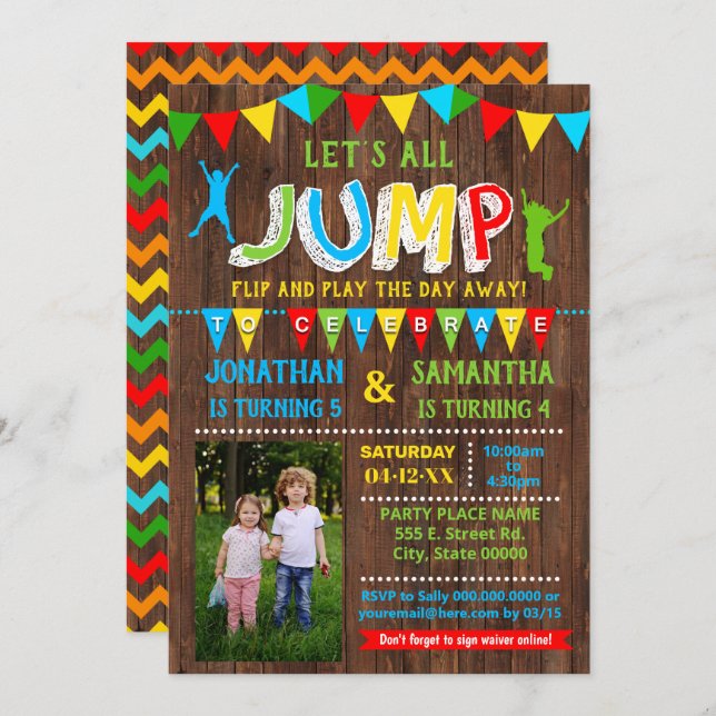 Geburt Trampolin kombiniert Foto Party Einladung (Vorne/Hinten)