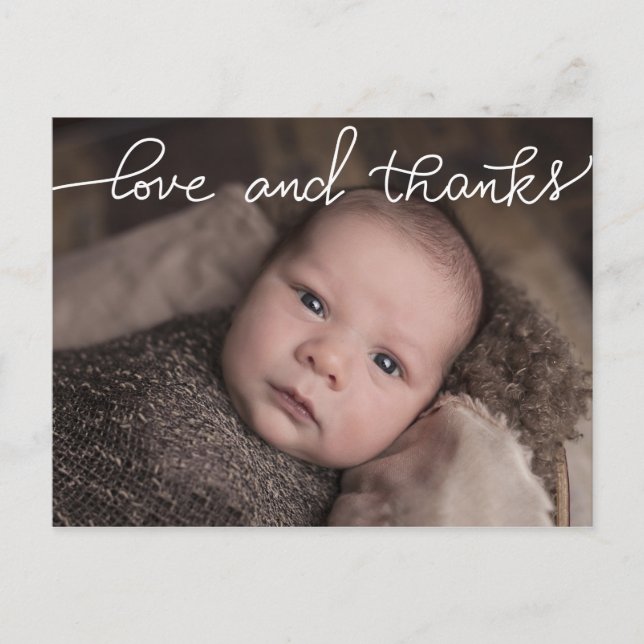 Geburts-Mitteilungs-Liebe-und Dank-Skript-Foto Ankündigungspostkarte (Vorderseite)
