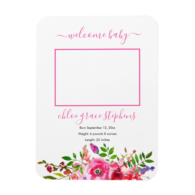 Geburtsankündigung - Boho Pink Floral Baby Girl Magnet (Vertikal)