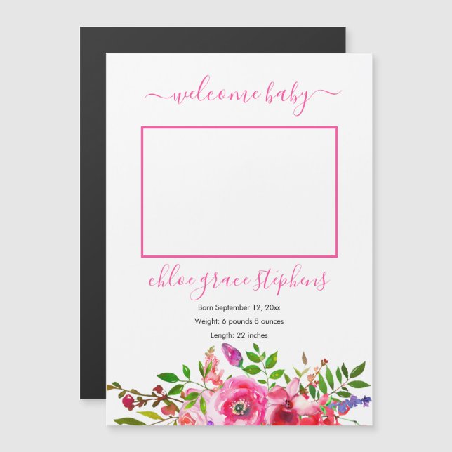 Geburtsankündigung - Boho Pink Floral Baby Girl Magnetkarte (Vorne/Hinten)