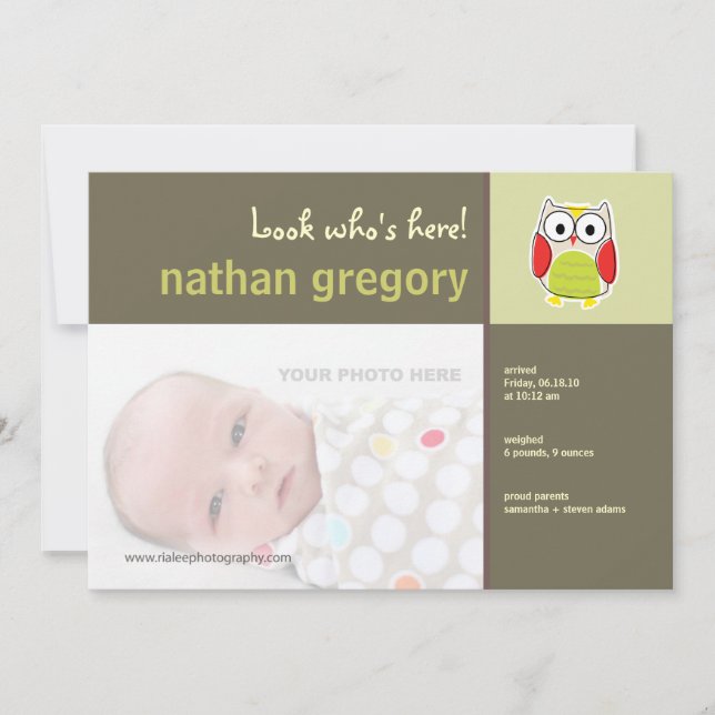 Geburtsankündigung der Eule Ankündigung (Vorderseite)