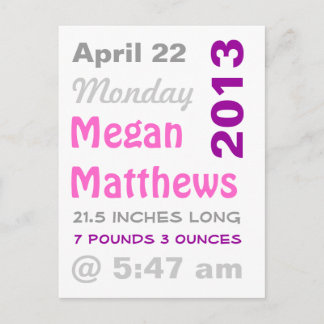 Geburtsankündigung der Grafischen Staaten Ankündigungspostkarte