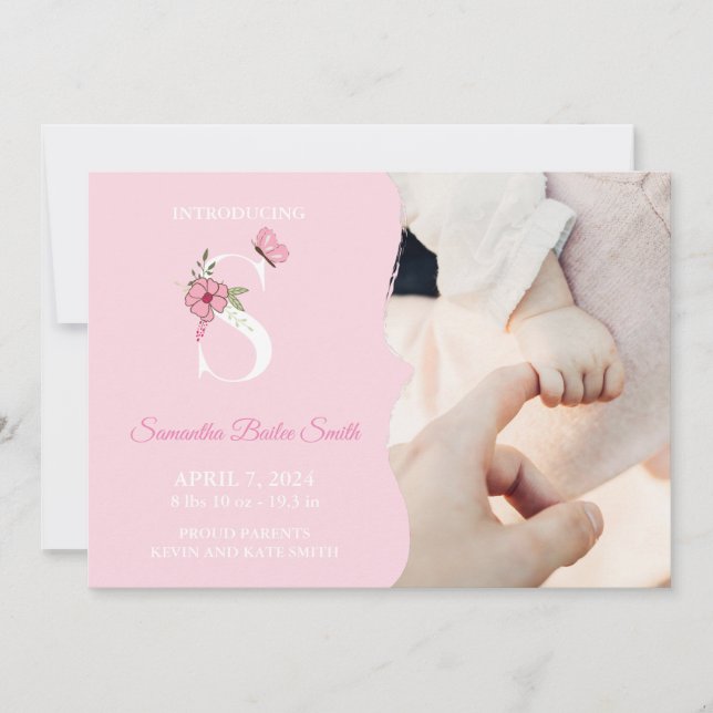 Geburtsankündigung Girl Initial S Einladung (Vorderseite)