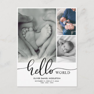 Geburtsankündigung Hallo World Foto Collage Ankündigungspostkarte