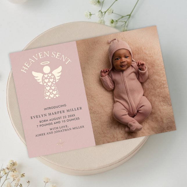 Geburtsankündigung Himmelsschiff-Engel-Karte Folieneinladung (Heaven sent birth announcement card with rose gold foil)