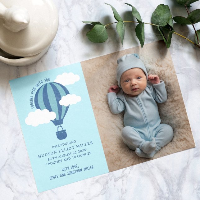 Geburtsankündigung Hot Air Ballon Blue Card Ankündigung (Hot air balloon birth announcement card)