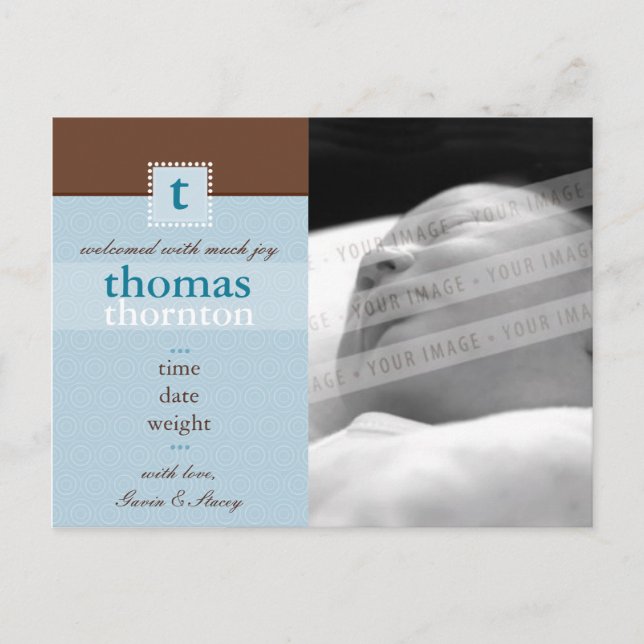 GEBURTSANKÜNDIGUNG: Monogramm1 - Junge Ankündigungspostkarte (Vorderseite)