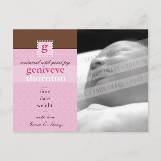 GEBURTSANKÜNDIGUNG: Monogramm1 - Mädchen Ankündigungspostkarte (Vorderseite)