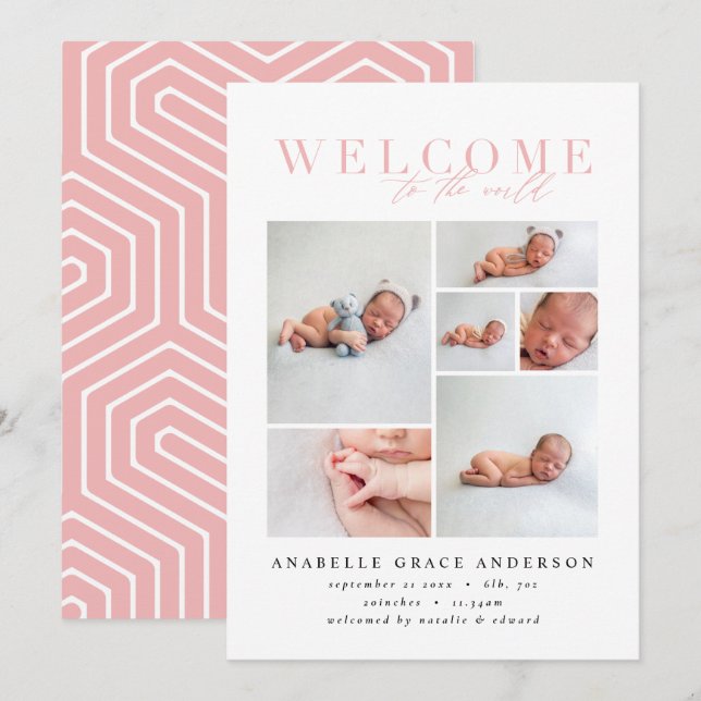 Geburtsankündigung Multi-Foto Rosa Girl-Skript Dankeskarte (Vorne/Hinten)