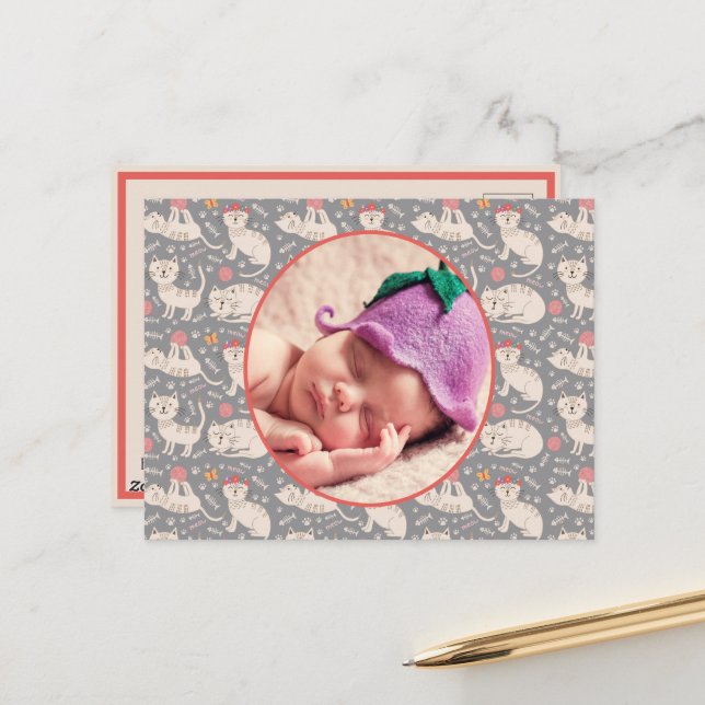 Geburtsankündigung Niedlicher Katzen, die Bälle au Postkarte (Vorderseite/Rückseite Beispiel)