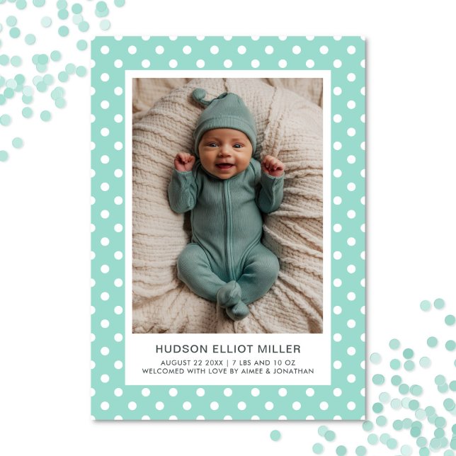 Geburtsankündigung Polka Dots Aqua Modern Card Ankündigung (Polka dot birth announcement card in aqua)