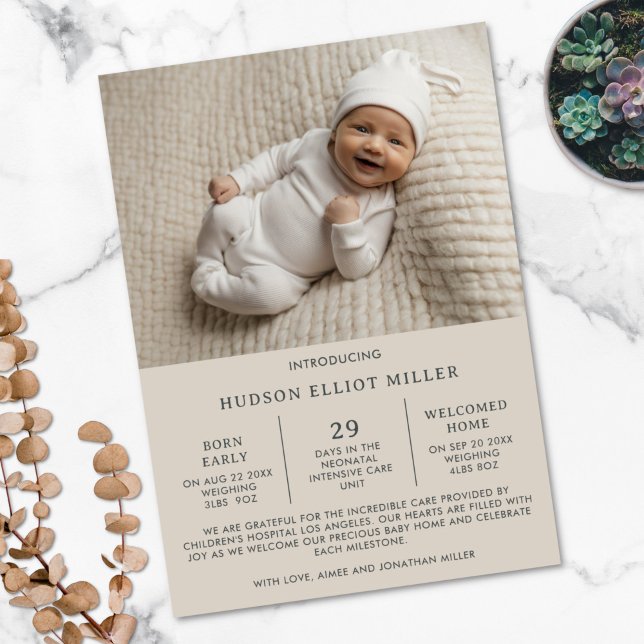 Geburtsankündigung Preemie NICU Modern Taupe Card Ankündigung (Taupe birth announcement card for premature baby)