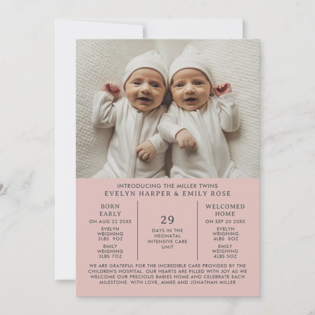 Geburtsankündigung Preemie Twins NICU Pink Card Ankündigung (Vorderseite)