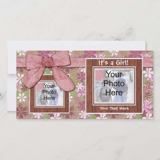 Geburtsankündigung, rosa Rahmen und Bow-Fotokarte Ankündigung (Vorderseite)