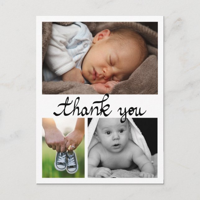 Geburtsankündigung Vielen Dank, Moderne drei Fotos Postkarte (Vorderseite)
