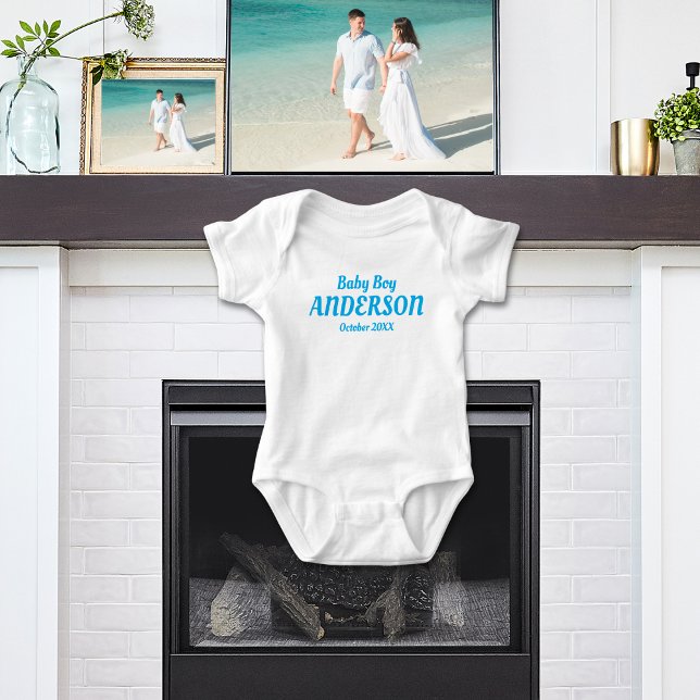 Geburtsankündigung von Baby Boy - Name, Monat, Jah Baby Strampler (Baby Boy Birth Announcement White Bodysuit - Gift for Baby Shower)