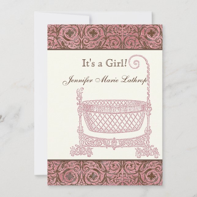 Geburtsankündigung von Baby - Pink Brown Damask Cr Ankündigung (Vorderseite)