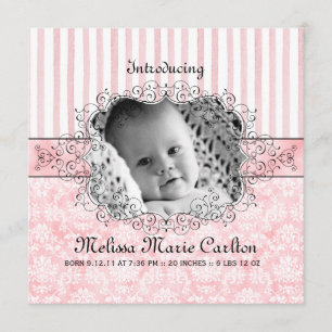Geburtsankündigung von Damask & Stripe Baby Girl Ankündigung
