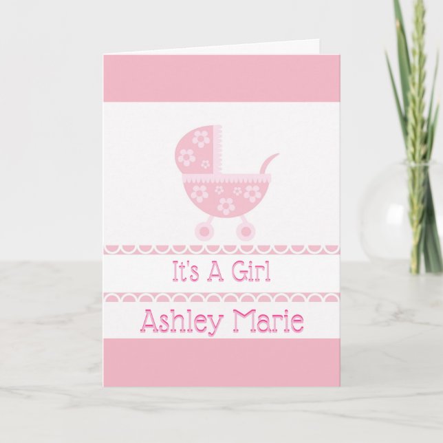 Geburtsankündigung von Pink und White Baby Stroll Karte (Vorderseite)
