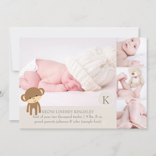 Geburtsankündigung von PixDezines-Affen-Fotos Ankündigung (Vorderseite)