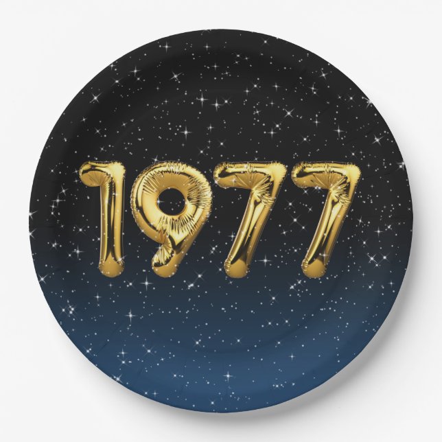 Geburtsballons 1977 in Sternen Pappteller (Vorderseite)