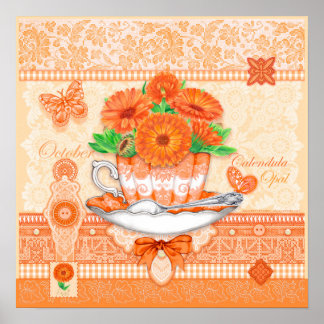 Geburtsblume und Edelstein Oktober Teetasse Poster