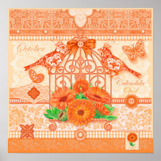 Geburtsblume und Edelstein Oktober-Vogelkäfigposte Poster
