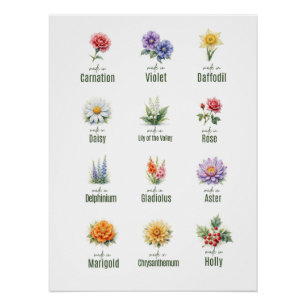 Geburtsblumenstrauß Poster   Aquarell Blumen 