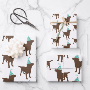 Geburtsdatum Labrador Schokolade Hund in Party Hut Geschenkpapier Set
