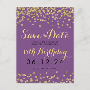 Geburtsdatum Rett Gold Glitzer Confetti Lila Ankündigungspostkarte