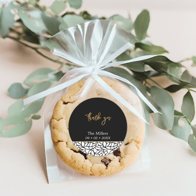 Geburtsdatum: Vielen Dank Runder Aufkleber (Black & White Botanical Family Name Date Thank You Classic Round Sticker)