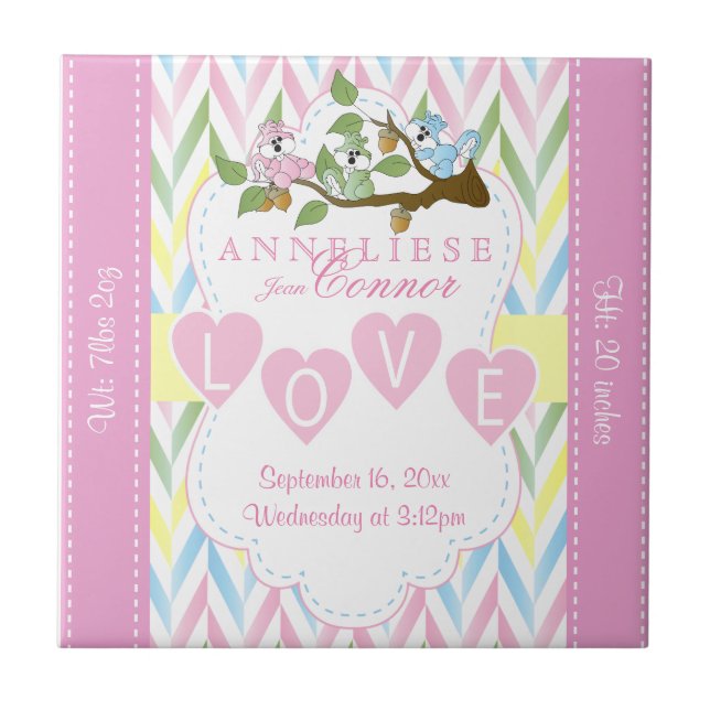 Geburtsinformation - Pastel Baby Eichhörnchen Fliese (Vorderseite)