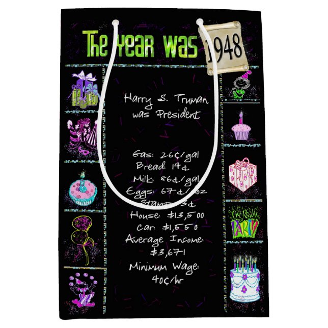 Geburtsjahr 1948 Fun Trivia auf schwarz Mittlere Geschenktüte (Vorderseite)